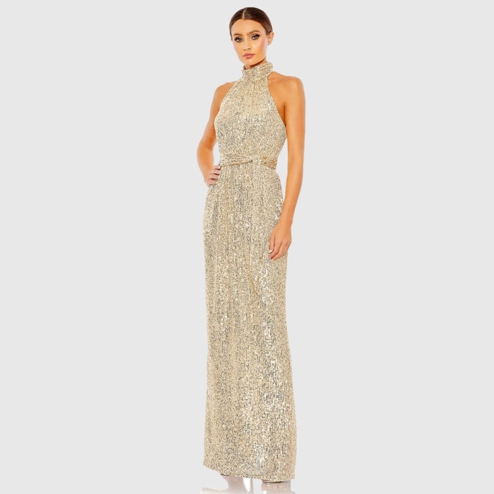 IEENA FOR MAC DUGGAL
Gold Sequined Halter Neck Belted Soft Tie Gown